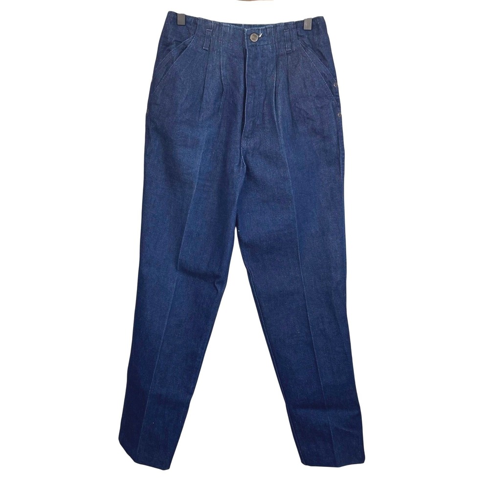 Vintage Bonjour High Waisted Pleated Denim Trousers Dark Wash Tapered Jeans